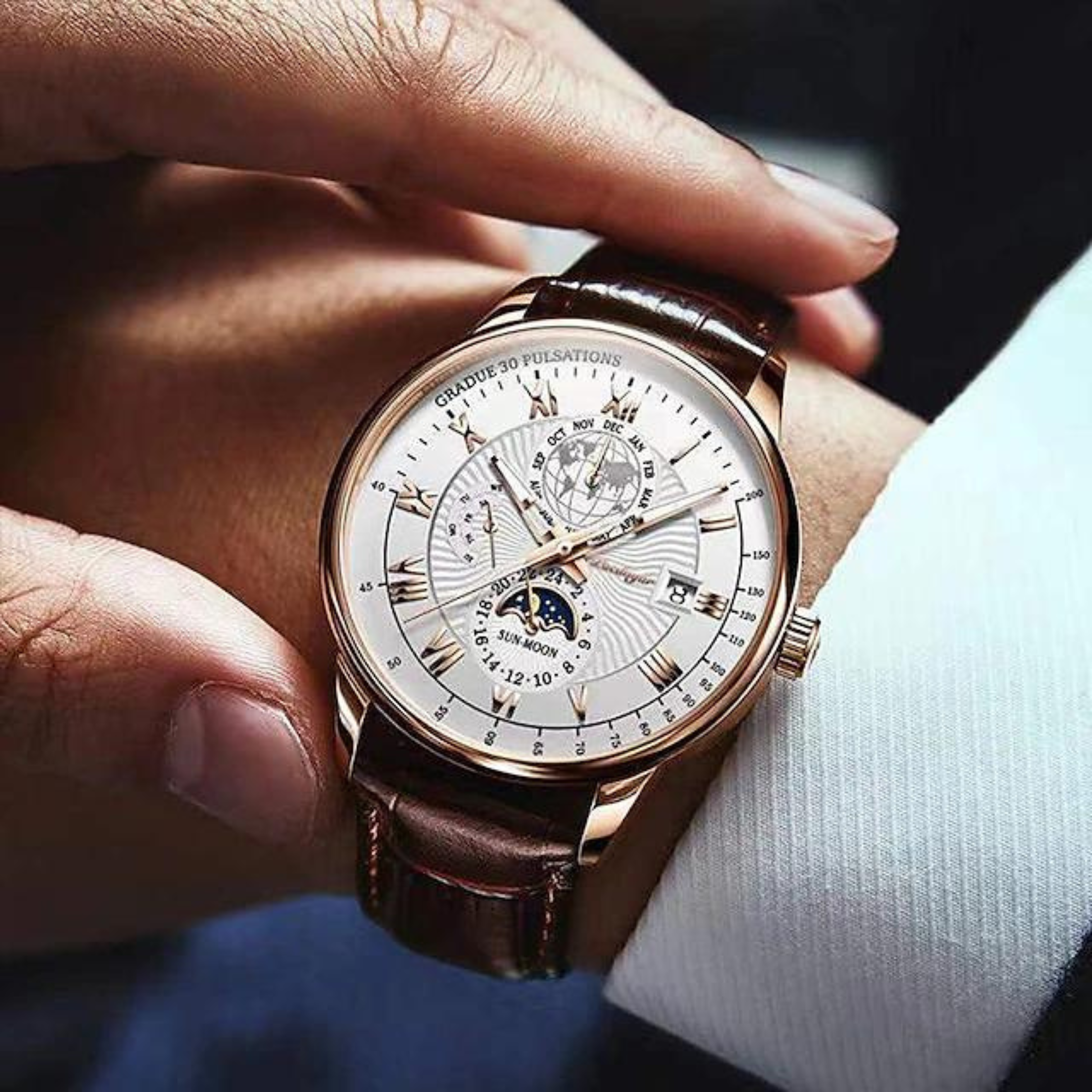 POEDAGAR Quartz White Dial Leather Strap Watch